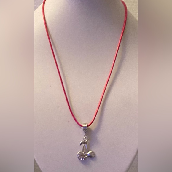 NEW Silver cherry rhinestone charm on pink cord necklace - Picture 2 of 2